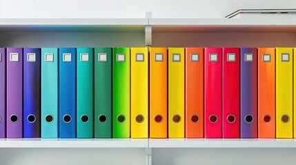 Colorful file binders on office shelves. copy space for text.
