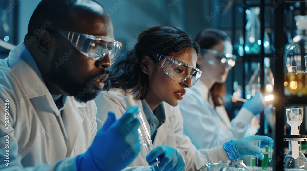 Poster diverse team of scientists working in the lab. copy space for text.
