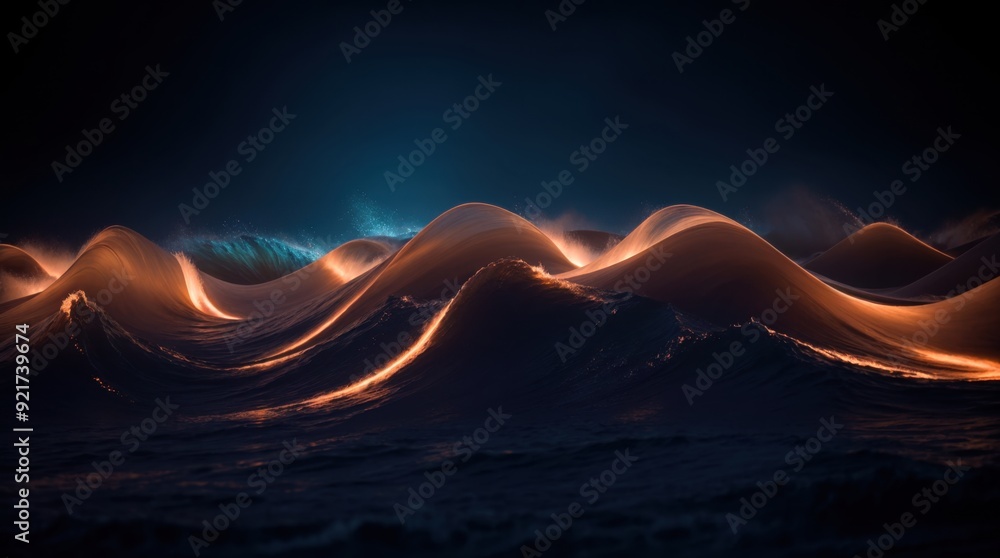 Poster dark background featuring undulating waves of light intertwined with sparkling particles