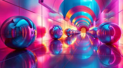 Abstract 3D shapes in neon hues, floating in a surreal space, showcasing vivid color transitions and reflections on glossy surfaces