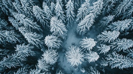 Aerial view of snowy pine trees and a little curving winding stream