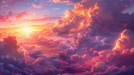 Visualize a breathtaking sky filled with clouds tinged in vibrant hues during sunset. The clouds range from fiery reds and oranges to soft pinks and purples