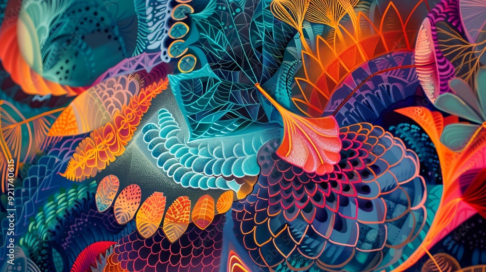Poster a vibrant and intricate abstract design featuring swirling patterns and bright colors, evoking a sen