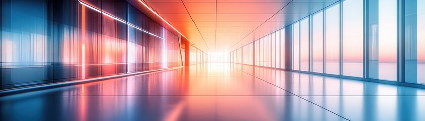 Modern Futuristic Corridor with Glass Walls and Vibrant Lighting at Sunset