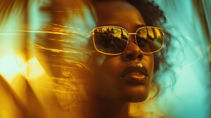 Portrait of smiling african american woman wearing sunglasses with copy space. Happy black girl wearing fashionable specs