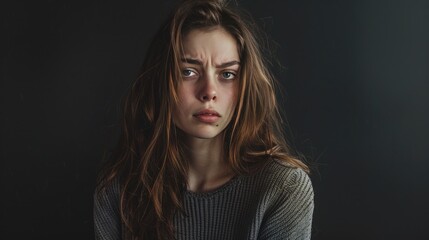 Fototapeta premium Upset woman on black background.