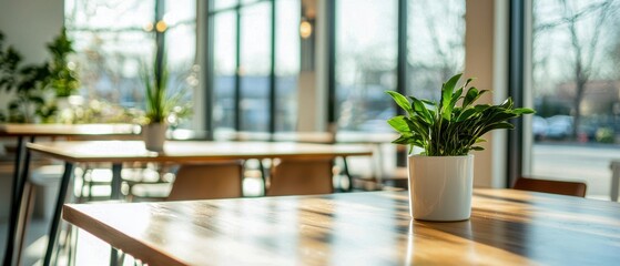 Fototapeta premium A bright and airy interior showcasing a small green plant on a wooden table, perfect for tranquil and modern decor.