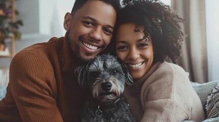 smiling diverse couple hugging their pet dog, smiling at camera, indoors. copy space for text.