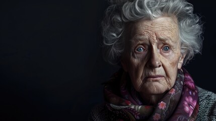 Upset woman on black background.