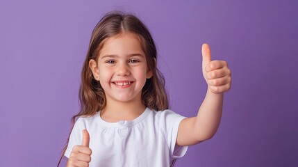 Smiling little girl giving thumbs up, on a solid color background.