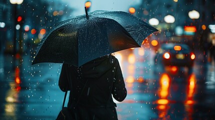 Woman holding an umbrella while it rains