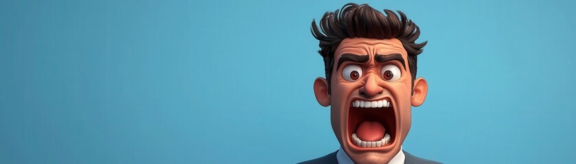 Stylized character in mid-shout, mouth wide open, eyes fierce, exaggerated expression of anger, reaction to shocking news, bold colors, dynamic composition