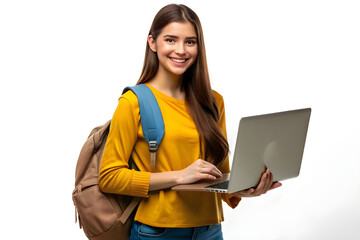Cheerful Student Girl with Laptop and Backpack on White Background
