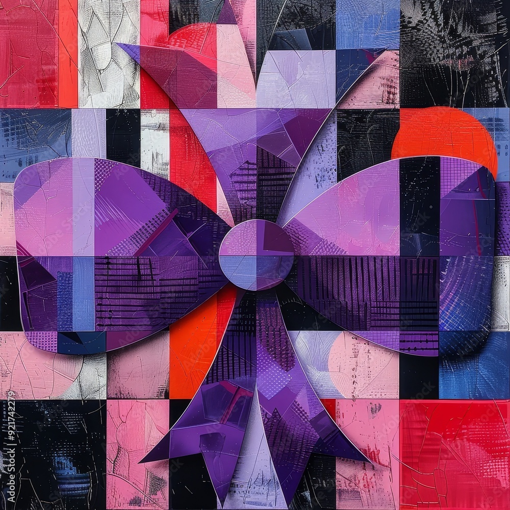 Poster abstract art featuring a purple bow with a checkered pattern, set against a background of colorful s