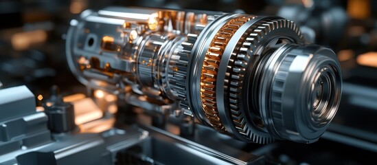 Fototapeta premium High-Resolution Close-Up of a Modern Industrial Machine Component with Metallic Gears and Precision Engineering