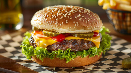 Capture the essence of a classic cheeseburger featuring a juicy beef patty with melted cheddar cheese, crisp lettuce, tomato slices, pickles, and a dollop of ketchup and mustard