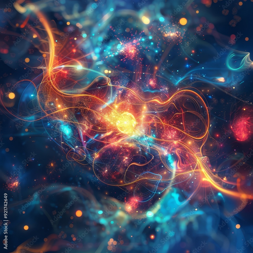 Poster abstract cosmic background with swirling light and particles. vibrant colors and dynamic forms. perf