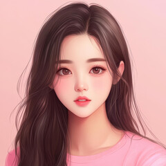 Fototapeta premium A yearold girl with charming dimples and a soft pink hue, merging animated charm with reallife beauty.