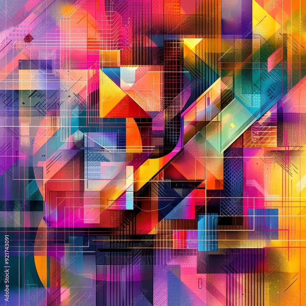 Poster abstract geometric pattern with vibrant colors and overlapping shapes.