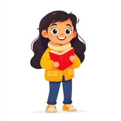 A cheerful girl child stands with a red book, radiating joy and curiosity against a crisp white backdrop.