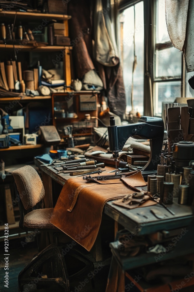 Wall mural workbench with various tools