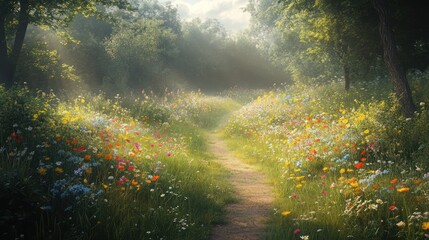 Sunlit Path Through a Flowery Meadow