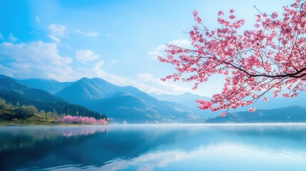 A serene landscape featuring pink cherry blossoms by a calm lake surrounded by mountains under a clear blue sky.