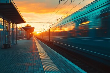A high-speed train leaving a station during a golden hour sunset.