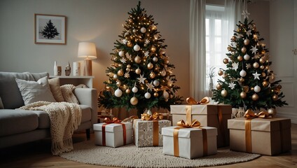 Living Room Christmas interior in Scandinavian style. Christmas tree with gift boxes
