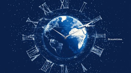 Airplane Trail Clock Face with Earth and Airbus, Time Travel Concept. Generative AI