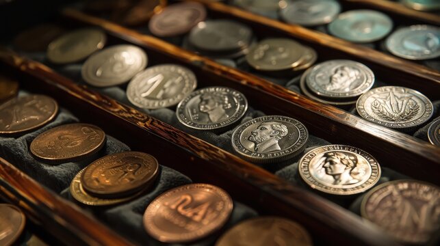 A collection of rare and valuable coins displayed in a well-lit showcase.