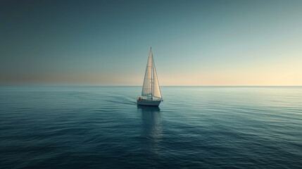 Fototapeta premium a vast expanse of ocean under a clear, expansive sky. In the center of the frame, a small yacht sails alone. The yacht appears tiny against the vastness of the sea and sky
