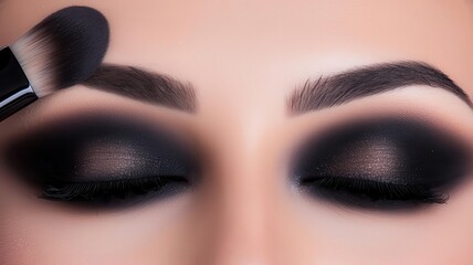 Makeup artist blending dark eyeshadows to create a smoky, haunted look, Halloween Smoky Eyes, emphasizing dramatic and seasonal eye makeup