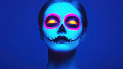 A person with glowing neon makeup under blacklight, Blacklight Halloween Makeup, emphasizing the use of special effects for a dramatic seasonal look