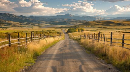 A country road stretches through a serene prairie landscape, with tall grasses swaying in the breeze and distant mountains forming a dramatic backdrop.