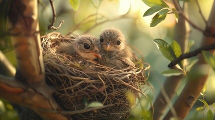 Obraz premium A cozy bird's nest nestled in a tree branch cradles two tiny baby birds.