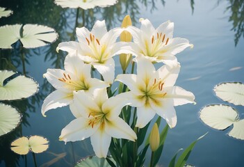 White flowers with orange centers on a reflective surface