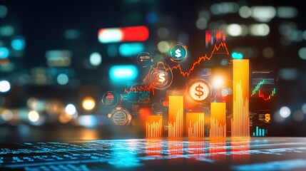 Fototapeta premium Financial data analysis concept featuring illuminated bar charts and dollar symbols. The background displays a blurred cityscape, highlighting the intersection of finance and technology.