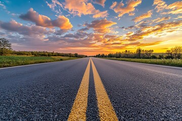 Fototapeta premium A long, straight paved road disappearing into the distance under a fiery sunset sky.