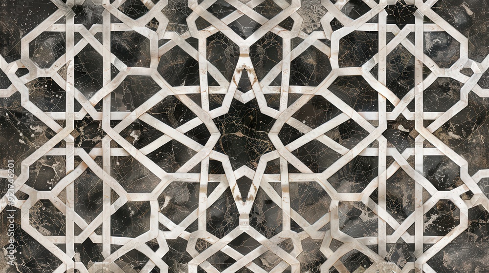 Poster a detailed arabic pattern showcasing a mosaic of interlocking hexagons and octagons.