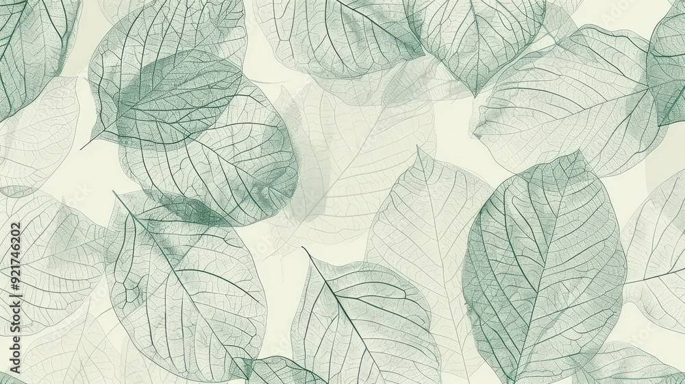 Poster a delicate leaf pattern featuring intricate line drawings of various leaves arranged in a repeating 