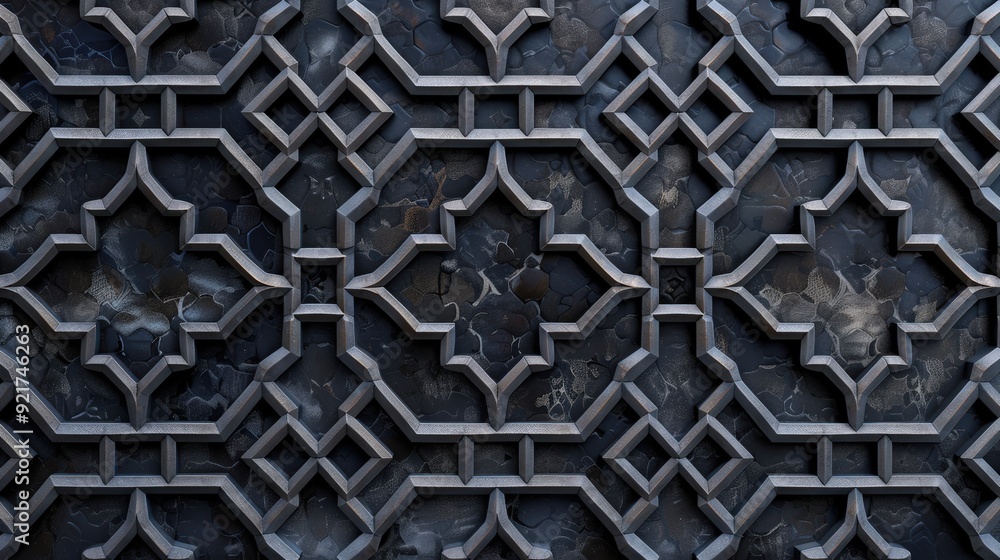 Poster a detailed arabic pattern showcasing a mosaic of interlocking hexagons and octagons.
