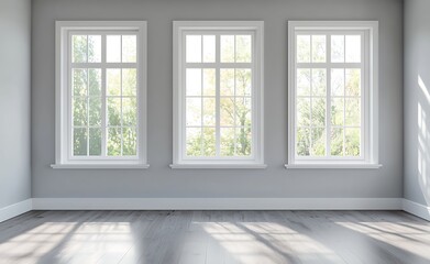 Three windows with white frames are on a grey wall with a wooden floor, allowing sunlight and creating shadows.