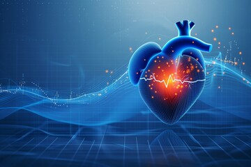 Virtual heart model with cardiograph line medical banner