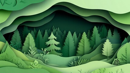Nature concept with paper cut of green leaf and forest silhouette landscape abstract background.Paper art style vector illustration