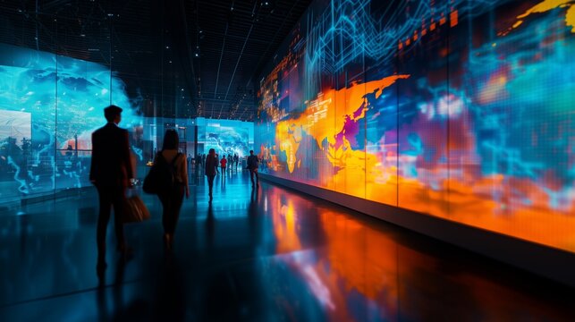 Exhibition expo event trade fair hall with busy bustling people walking to conferences in a modern hall crowded business people with a bokeh effect. Generative AI