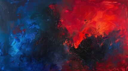 A dramatic abstract oil painting with intense, contrasting colors--fiery reds and deep blues--combined with rough, expressive brushwork.