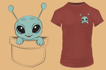 Cute little funny alien in a pocket. Vector illustration for tshirt, website, print, clip art, poster and print on demand merchandise.
