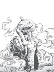 black and white vector image of a scary pumpkin amidst smoke