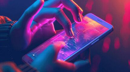 depicts hands holding a modern smartphone with a bright screen displaying the interface of a mobile application